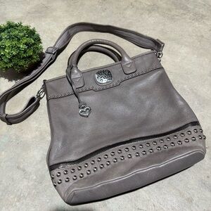 Brighton Rockwell‎ Tote Bag Purse Gray Leather Studded Grunge Goth Biker Western